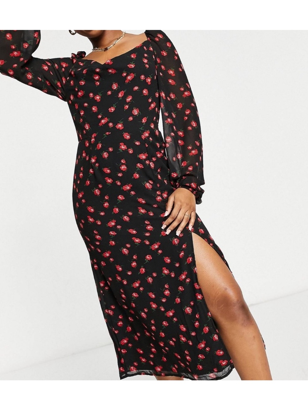 Missguided red floral black long sleeve dress